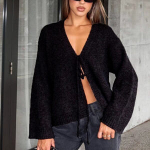 V-Neck Tie Front Knit Cardigan Sweater