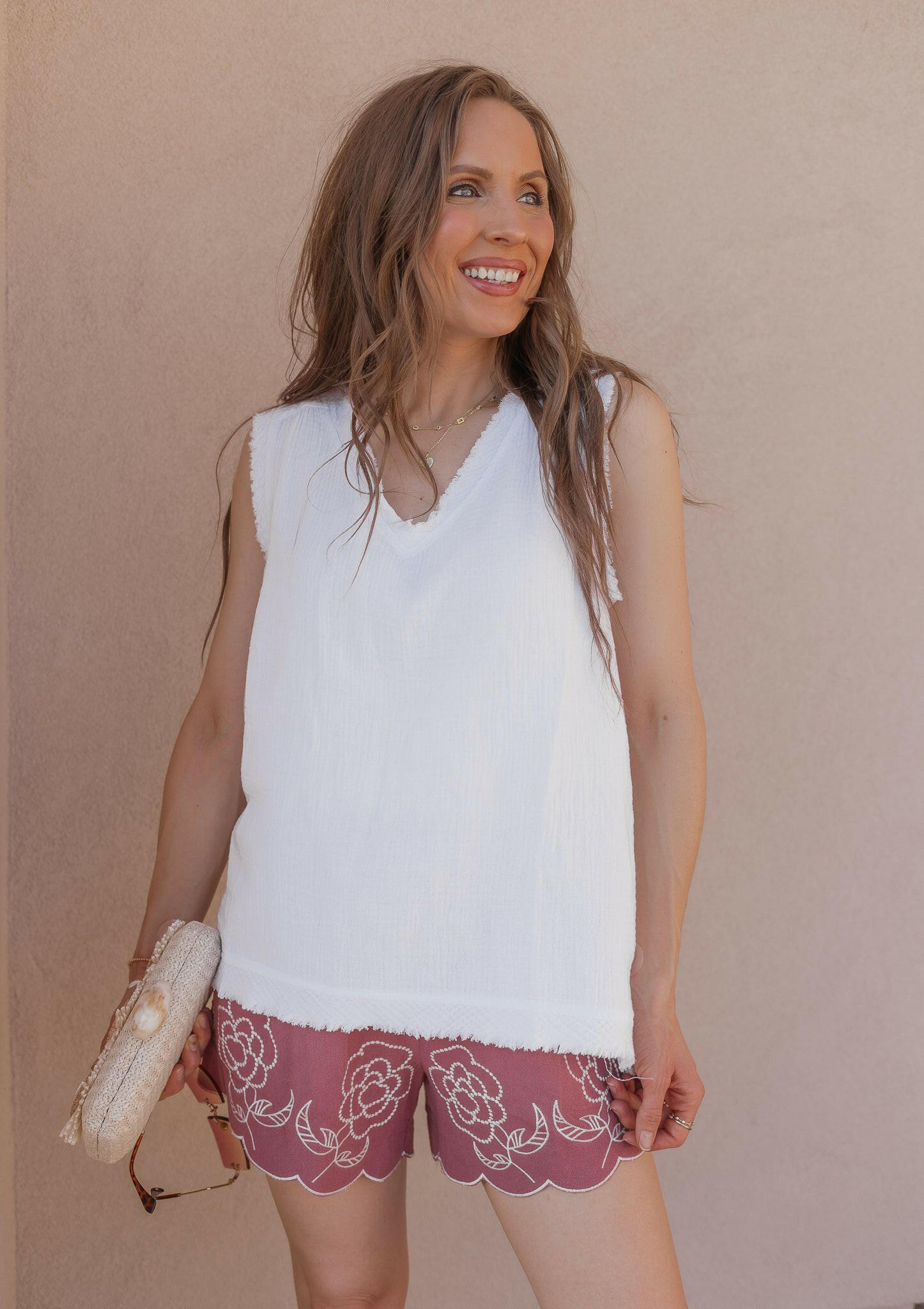 Raw Edge Double Gauze V-Neck Tank